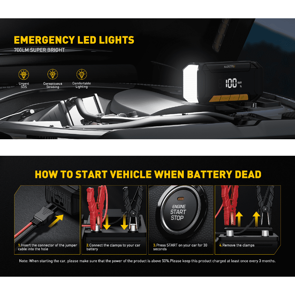 Arrancador de batería de automóvil AUXITO (todos los vehículos de gasolina y diésel), caja de arranque portátil de 8000 A, función de arranque forzado, carga rápida de 60 W, salida de CC de 160 W, arrancador de batería portátil para vehículos de 12 V, linterna superbrillante de 700 LM