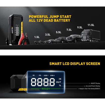 Arrancador de batería de automóvil AUXITO (todos los vehículos de gasolina y diésel), caja de arranque portátil de 8000 A, función de arranque forzado, carga rápida de 60 W, salida de CC de 160 W, arrancador de batería portátil para vehículos de 12 V, linterna superbrillante de 700 LM