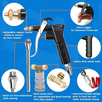 Limpieza de pistola de soplado de aire para camión resistente con bobina de 29.5 ft de largo y 2 puntas de boquilla intercambiables, kit de pistola de soplado de asiento de aire azul