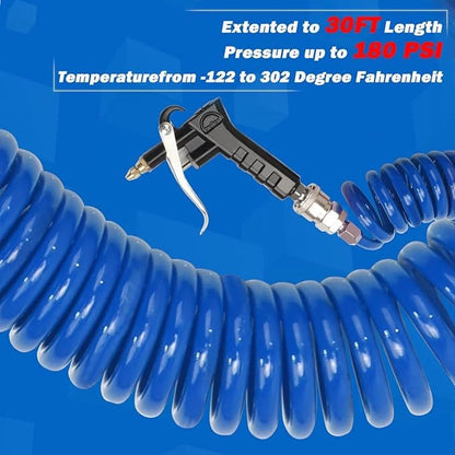 Limpieza de pistola de soplado de aire para camión resistente con bobina de 29.5 ft de largo y 2 puntas de boquilla intercambiables, kit de pistola de soplado de asiento de aire azul