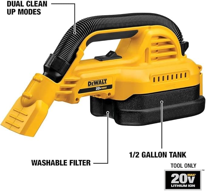 Aspiradora Dewalt portátil para seco y húmedo de 20 V MÁX. 1/2 galón