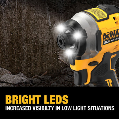 DEWALT ATOMIC 20V MAX* 1/4 pulgadas. Destornillador de impacto inalámbrico de 3 velocidades sin escobillas de 3 velocidades, paquete de una herramienta desnuda (1 paquete ATOMIC 20V MAX sin escobillas