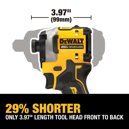 DEWALT ATOMIC 20V MAX* 1/4 pulgadas. Destornillador de impacto inalámbrico de 3 velocidades sin escobillas de 3 velocidades, paquete de una herramienta desnuda (1 paquete ATOMIC 20V MAX sin escobillas