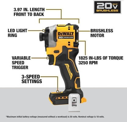 DEWALT ATOMIC 20V MAX* 1/4 pulgadas. Destornillador de impacto inalámbrico de 3 velocidades sin escobillas de 3 velocidades, paquete de una herramienta desnuda (1 paquete ATOMIC 20V MAX sin escobillas