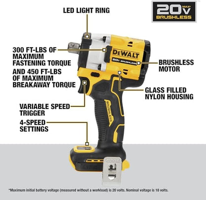 DEWALT ATOMIC 20V MAX* 1/2 pulg. Llave de impacto inalámbrica con yunque de pasador de retención (solo herramienta) (DCF922B)