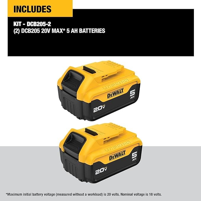 DEWALT Kit de carga de batería de 20 V máximo, incluye 2 baterías, 5 Ah, incluye bolsa de almacenamiento pequeña (DCB205-2CK)