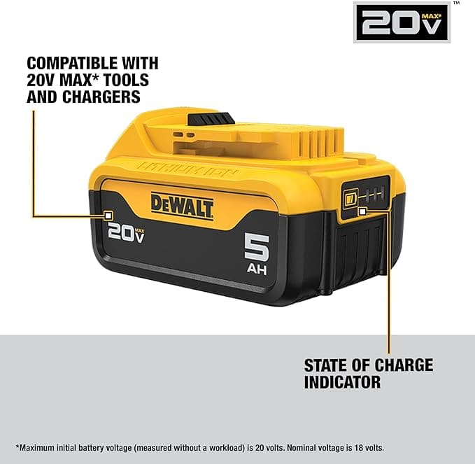 DEWALT Kit de carga de batería de 20 V máximo, incluye 2 baterías, 5 Ah, incluye bolsa de almacenamiento pequeña (DCB205-2CK)