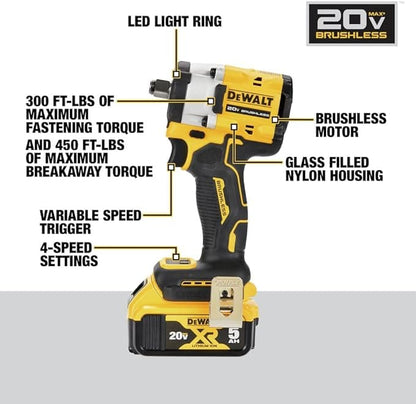 DEWALT DCF921P2 ATOMIC 20V MAX* 1/2 pulg. Llave de impacto inalámbrica con kit de yunque de anillo de cerdo