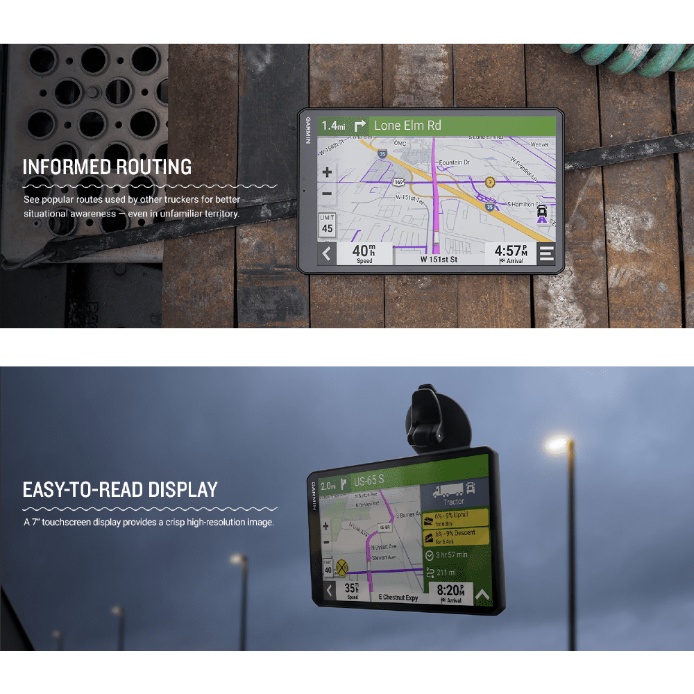 Garmin dēzl™ OTR710, navegador GPS grande y fácil de leer para camiones de 7", enrutamiento personalizado para camiones, imágenes satelitales Birdseye de alta resolución