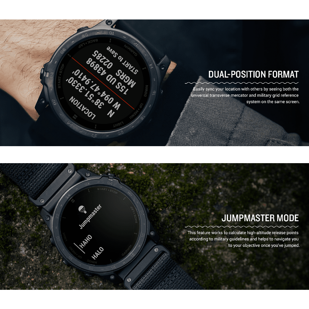 Reloj inteligente Garmin Tactix® 7 con pantalla AMOLED, diseño robusto y linterna incorporada, ideal para uso militar y táctico