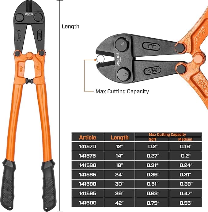 KSEIBI 141585 - Cortador de pernos de tamaño mediano resistente de 24 pulgadas para cortar vallas, alambre de acero, cadena, tornillos, remaches y candado mediano, con mango ergonómico de goma