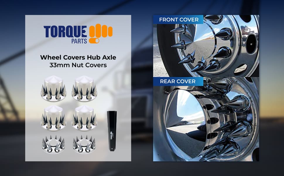 TORQUE Chrome Front and Rear Axle Complete Wheel Cover Set 33mm Spike Screw-on Lug Nut Covers for Semi Truck (Installation Tool Included) Spiked Hub Caps Kit (2 Front & 4 Rear) (TR571)
