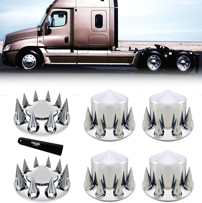 TORQUE Chrome Front and Rear Axle Complete Wheel Cover Set 33mm Spike Screw-on Lug Nut Covers for Semi Truck (Installation Tool Included) Spiked Hub Caps Kit (2 Front & 4 Rear) (TR571)