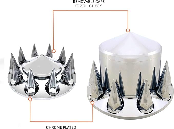 TORQUE Chrome Front and Rear Axle Complete Wheel Cover Set 33mm Spike Screw-on Lug Nut Covers for Semi Truck (Installation Tool Included) Spiked Hub Caps Kit (2 Front & 4 Rear) (TR571)